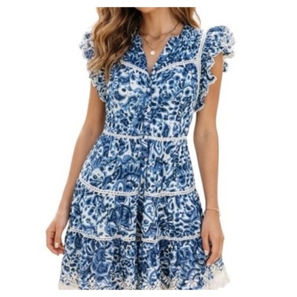 House of Harlow Blue Paisley Eyelet Lace Tiered Mini Dress Flutter Sleeve Boho L